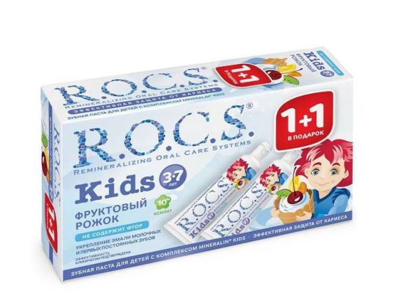 Рокс Кидс зубная паста для детей 3-7 лет Фруктовый рожок 1+1 фотография